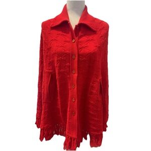 Sweater Cape‎ Red 70s Vintage Hippie Granny Poncho Dagger Collar Small